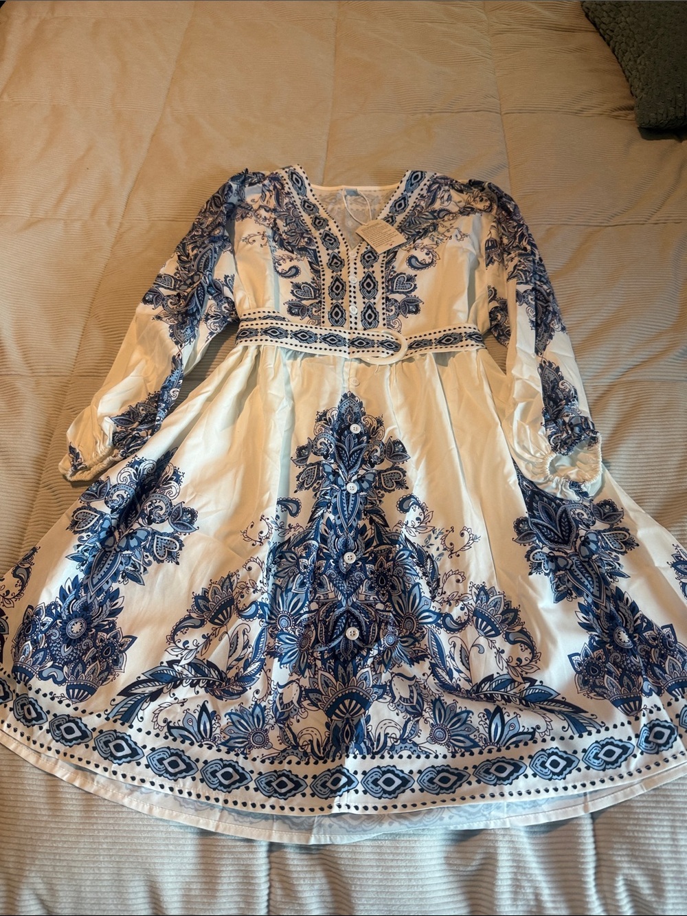 Womens White Dress with Blue Floral Print - Boho Style